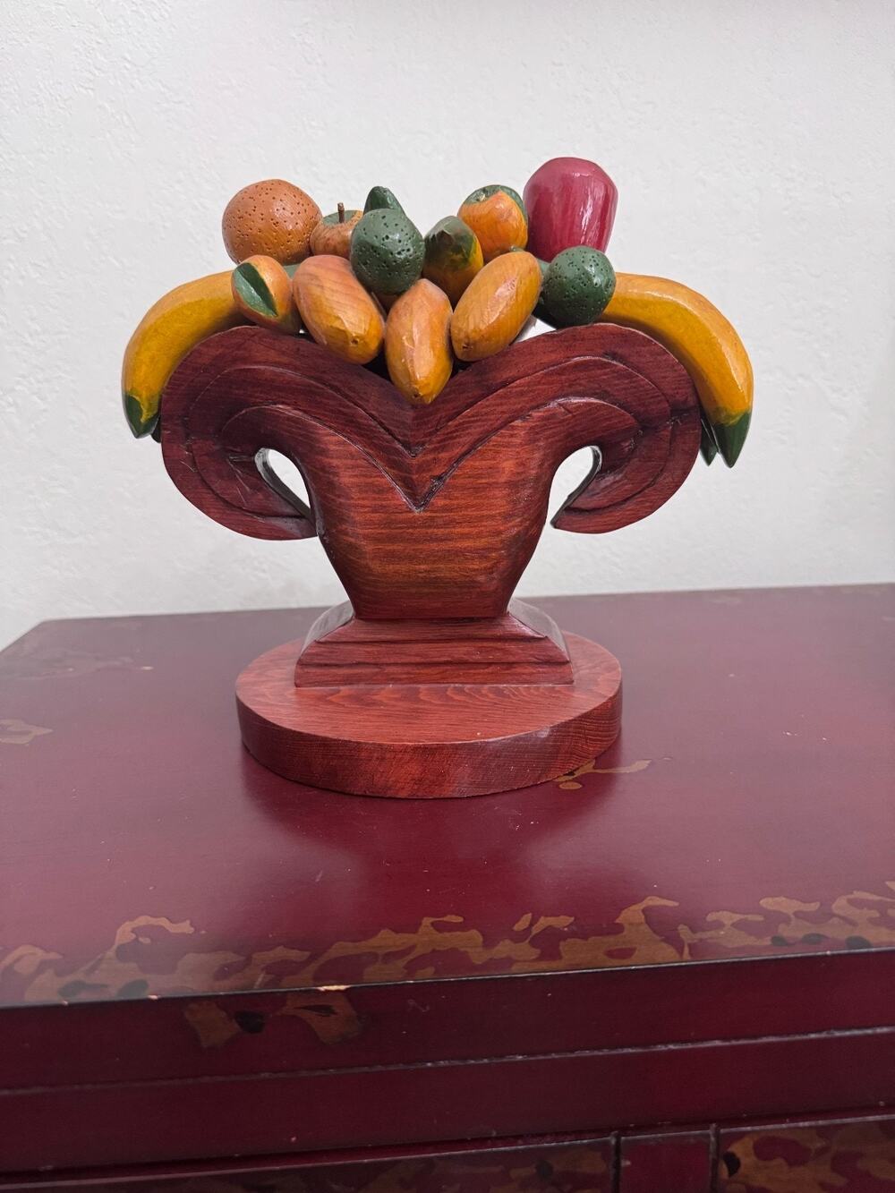 Vintage Folk Art Hand-carved & Hand-painted Wooden Fruit Basket